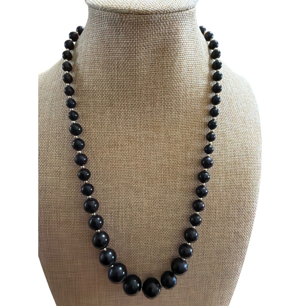 Vintage Graduated Black Bead Necklace Gold Tone Spacers clasic Elegant